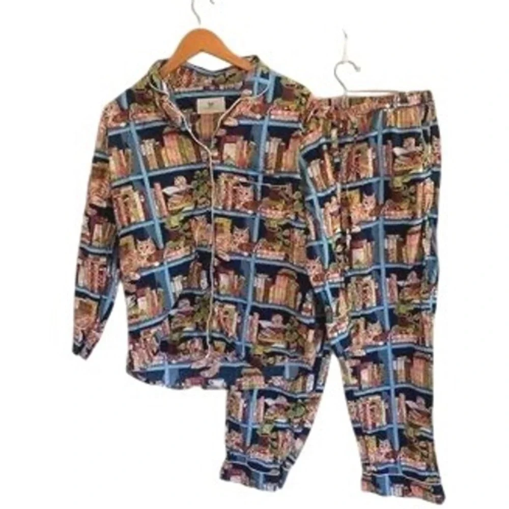 Printfresh Library Cats Pajama Set XL Blue Cotton Bookshelf Long Sleeve PJ Set